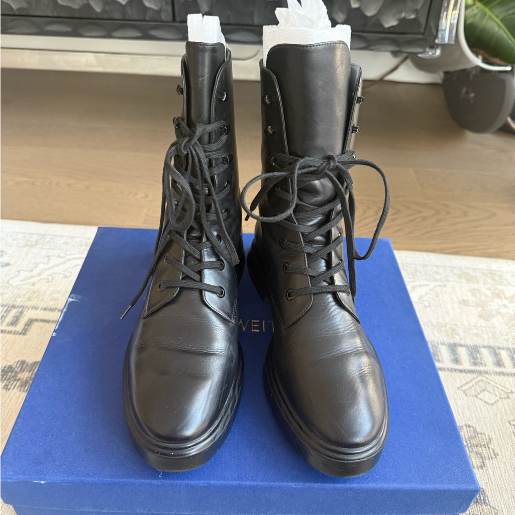 Stuart Weitzman Black Leather Lace-Up Booties